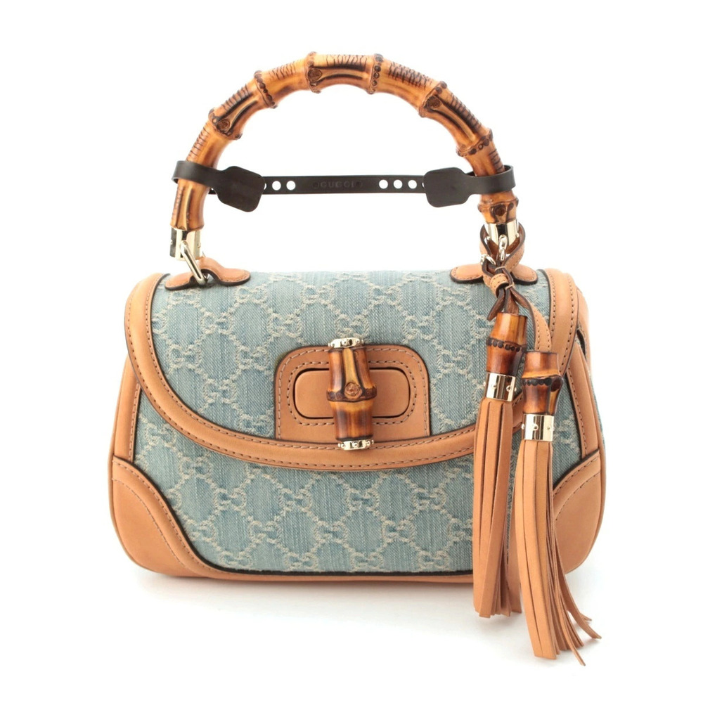 Gucci GG Denim Bamboo Turnlock Shoulder Bag Ice Blue Beige Cream